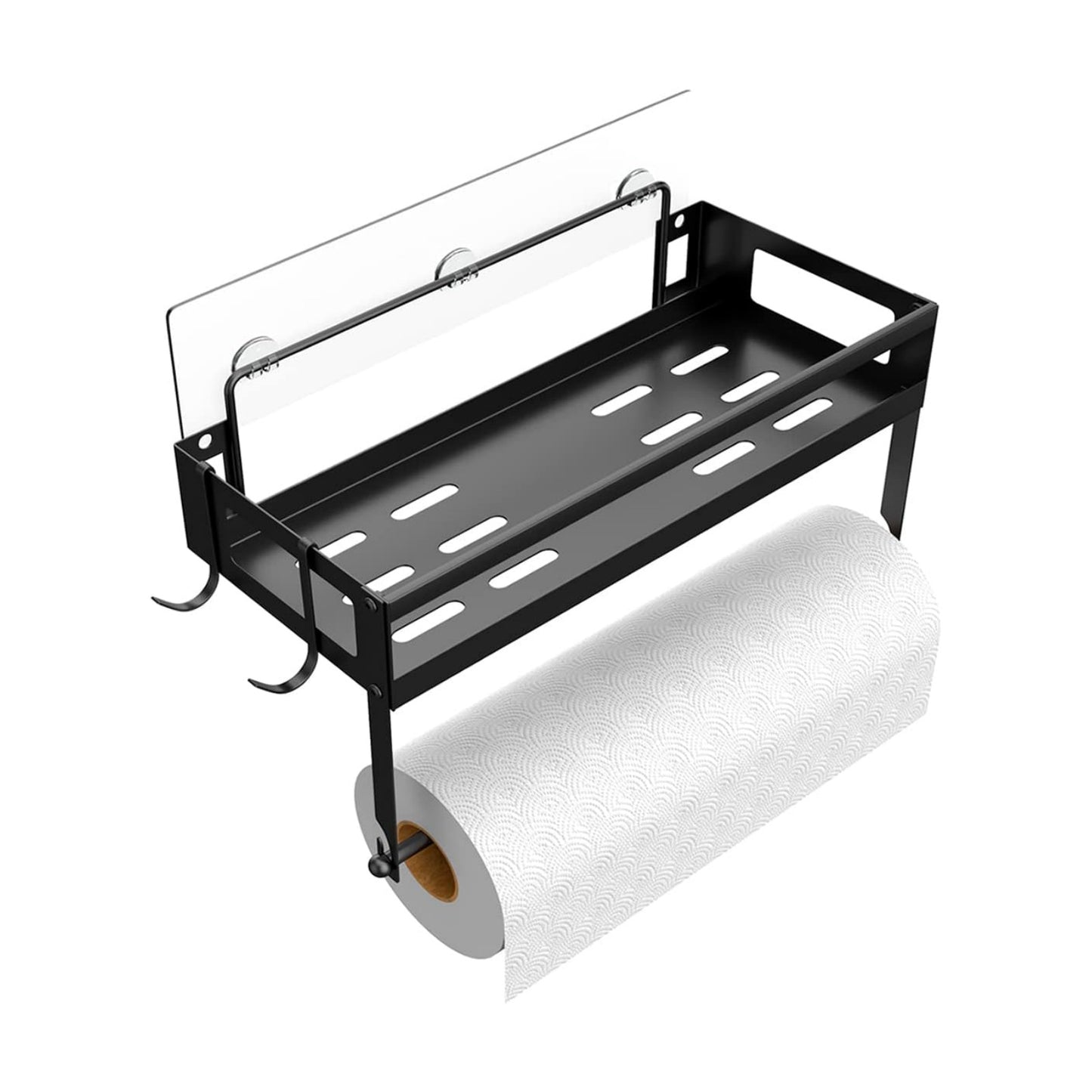 Paper Towel Holder with Shelf, Adhesive No Drill Heavy Duty | SS304 2-in-1 rack & basket, rustproof matte black.