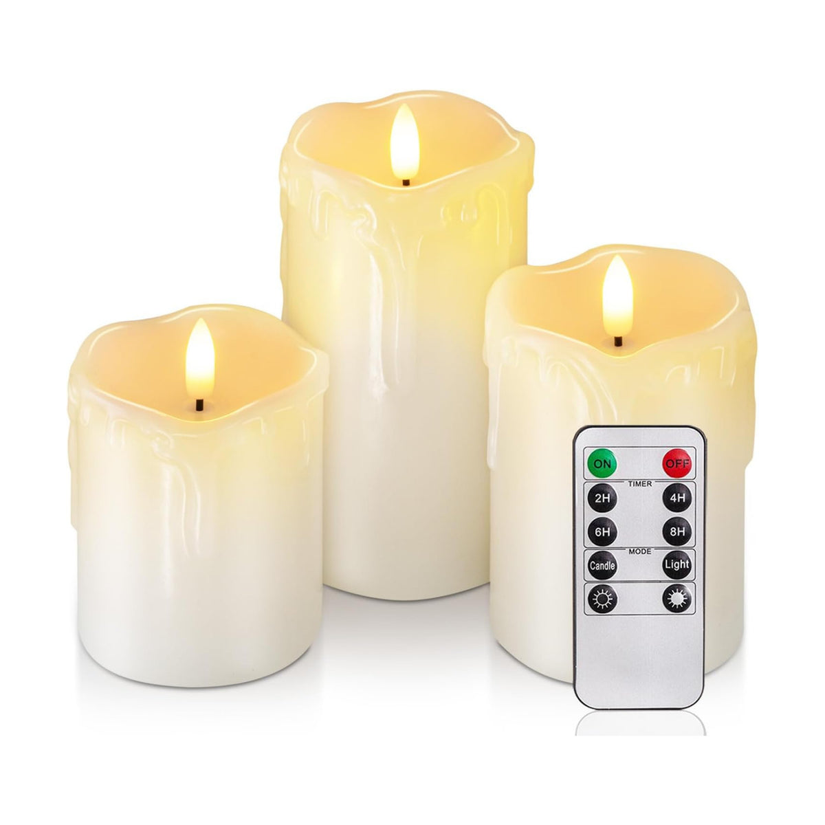Homemory Dripping Wax Flameless LED Pillar Candles, Battery Operated with Remote Control and Timer, Set of 3, 5" H x 4"