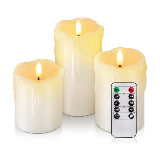 Homemory Dripping Wax Flameless LED Pillar Candles, Battery Operated with Remote Control and Timer, Set of 3, 5" H x 4"