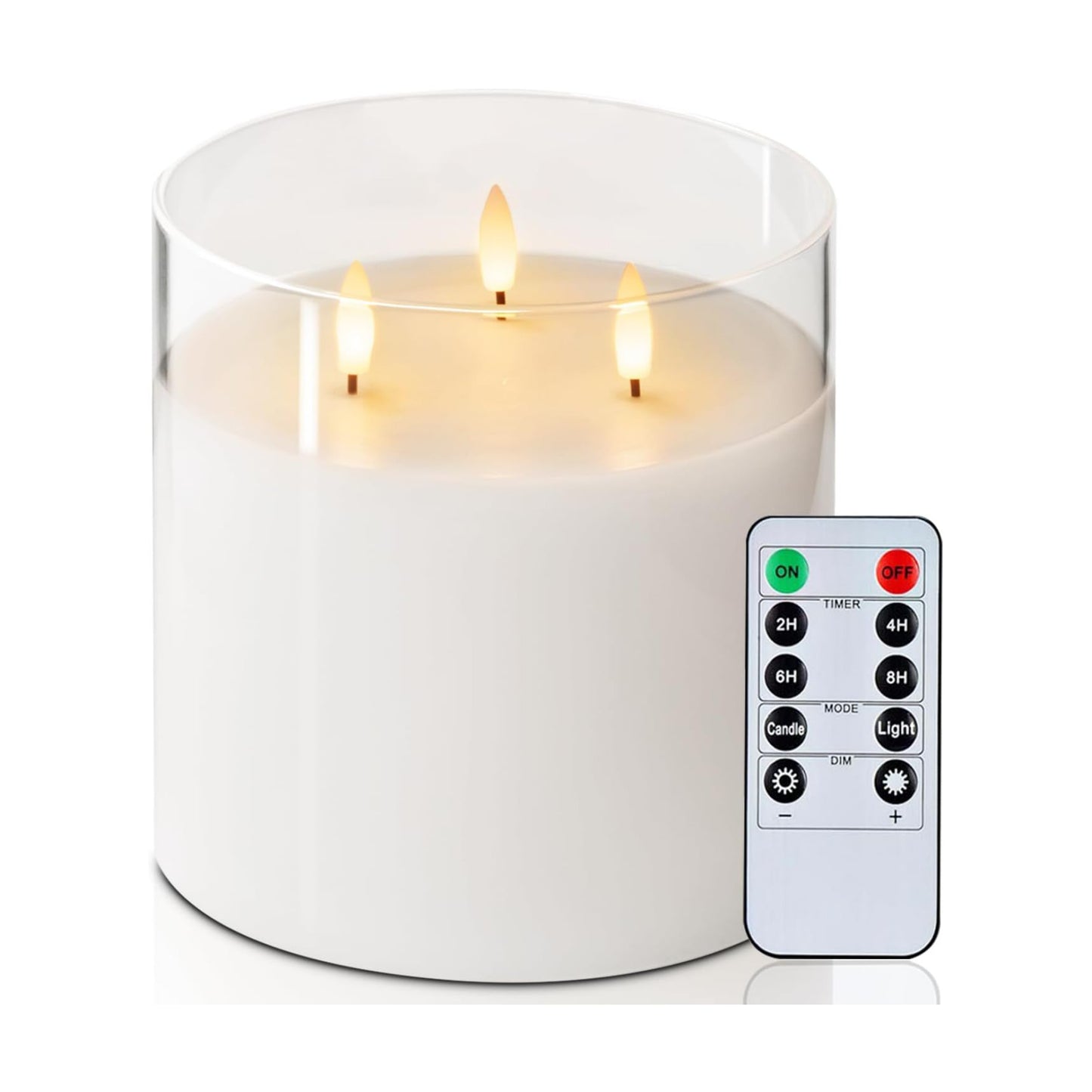 Homemory Pure White Large Glass Flameless LED Candle, 3 Wicks, Remote Timer | 6"x6", real wax, battery operated