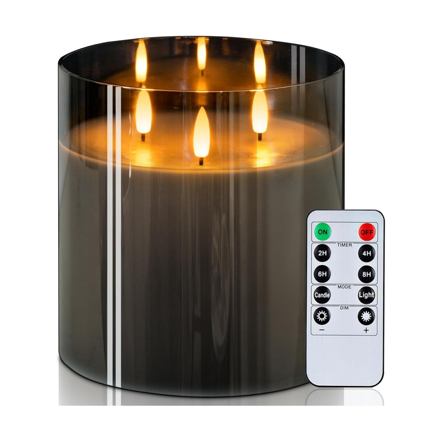Homemory Grey Large Glass Flameless LED Candle, 3 Wicks, Remote Timer | 6"x6", real wax, battery operated flickering