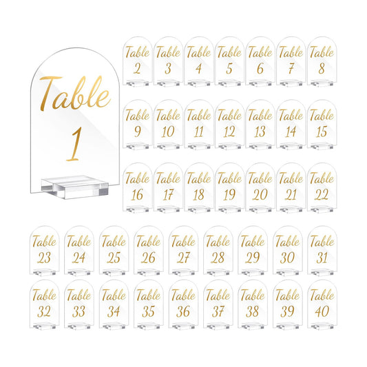 Qunclay 40 Pack Table Numbers 1-40 4 x 6 Inch Gold Acrylic Stands | Clear Acrylic with Gold Calligraphy Font, Wedding