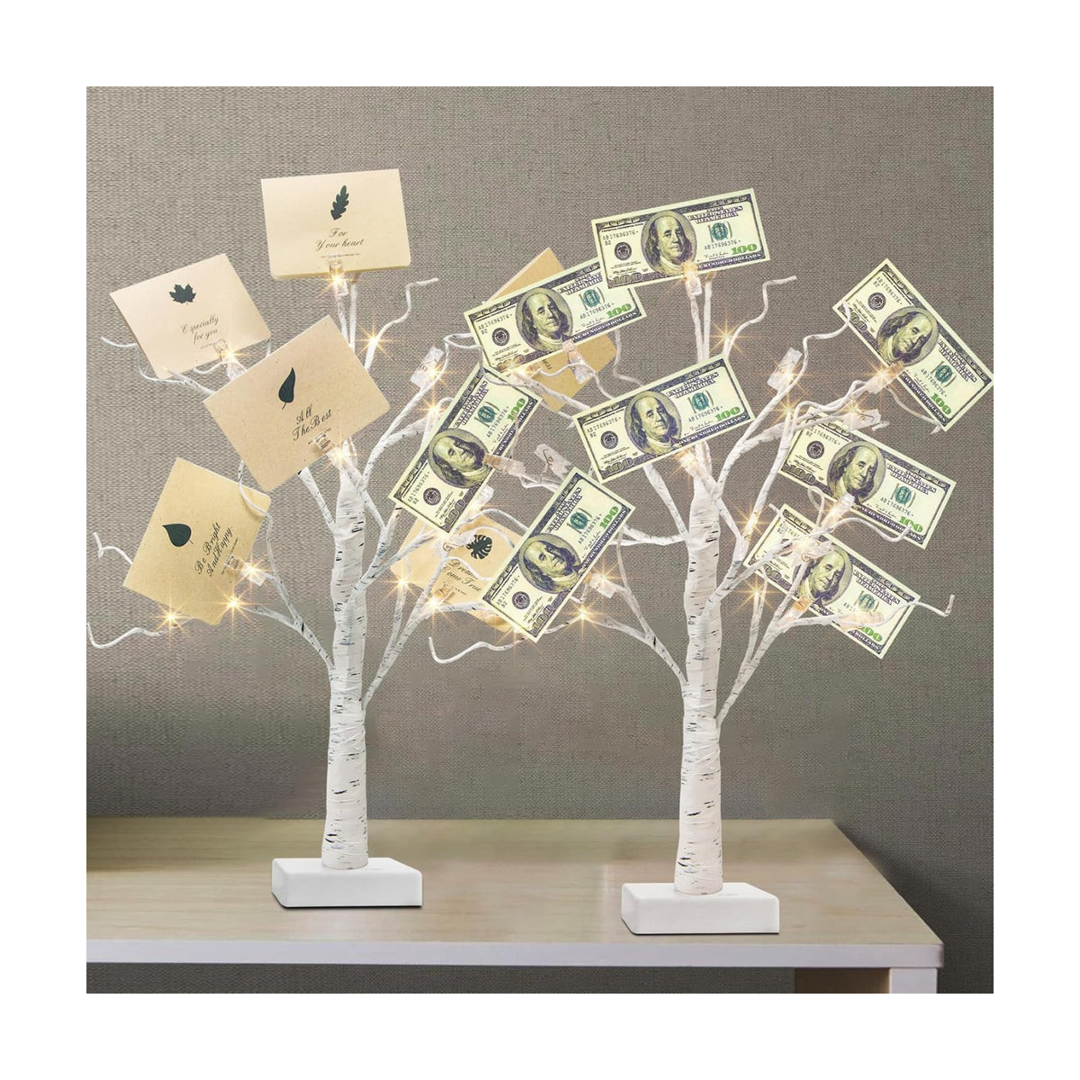 PEIDUO Set of 2 Money Trees, Lighted 22Inch 24LT White Birth Tree with Clips and Greeting Cards, Gift Card Holder for Birthday,Christmas, Wedding, Father's Day Graduation Gifts, Money Tree Gift Holder