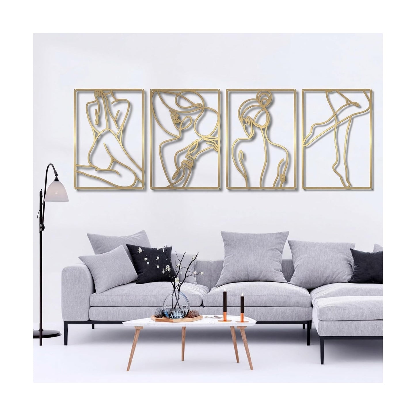 Glamativity 4 Pack Minimalist Wall Art, Real Metal Abstract Wall Art (Woman's Body Shape, Gold Elegant Style, M Size 17