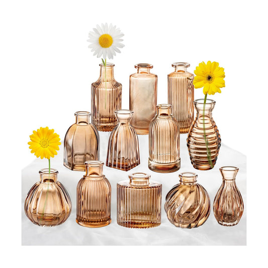 Vase Small Glass Vases for Flowers Modern Ribbed Glass Bud Vase for Decor Flower / Amber / Set of 12