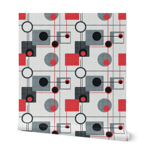Orbs Squares Black White Vintage Retro Grey Modern Custom Removable Wallpaper / 24 x 72 / Roll / Red