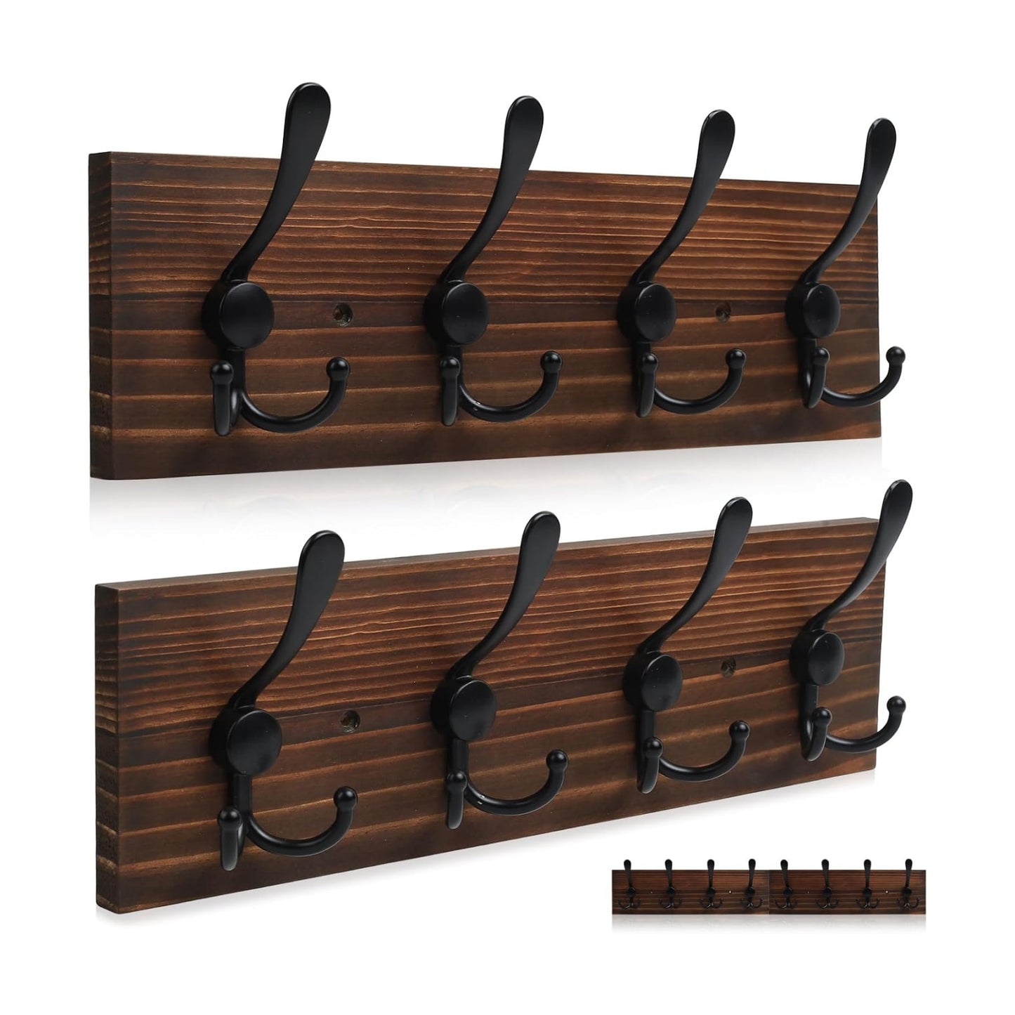 31.5" Large Coat Rack Wall Mount Coat Hooks with 8 Black Metal Triple Hooks, 1.4cm Thick Solid Pine Wood Wall Hooks for