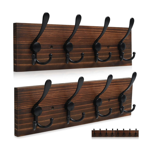 31.5" Large Coat Rack Wall Mount Coat Hooks with 8 Black Metal Triple Hooks, 1.4cm Thick Solid Pine Wood Wall Hooks for