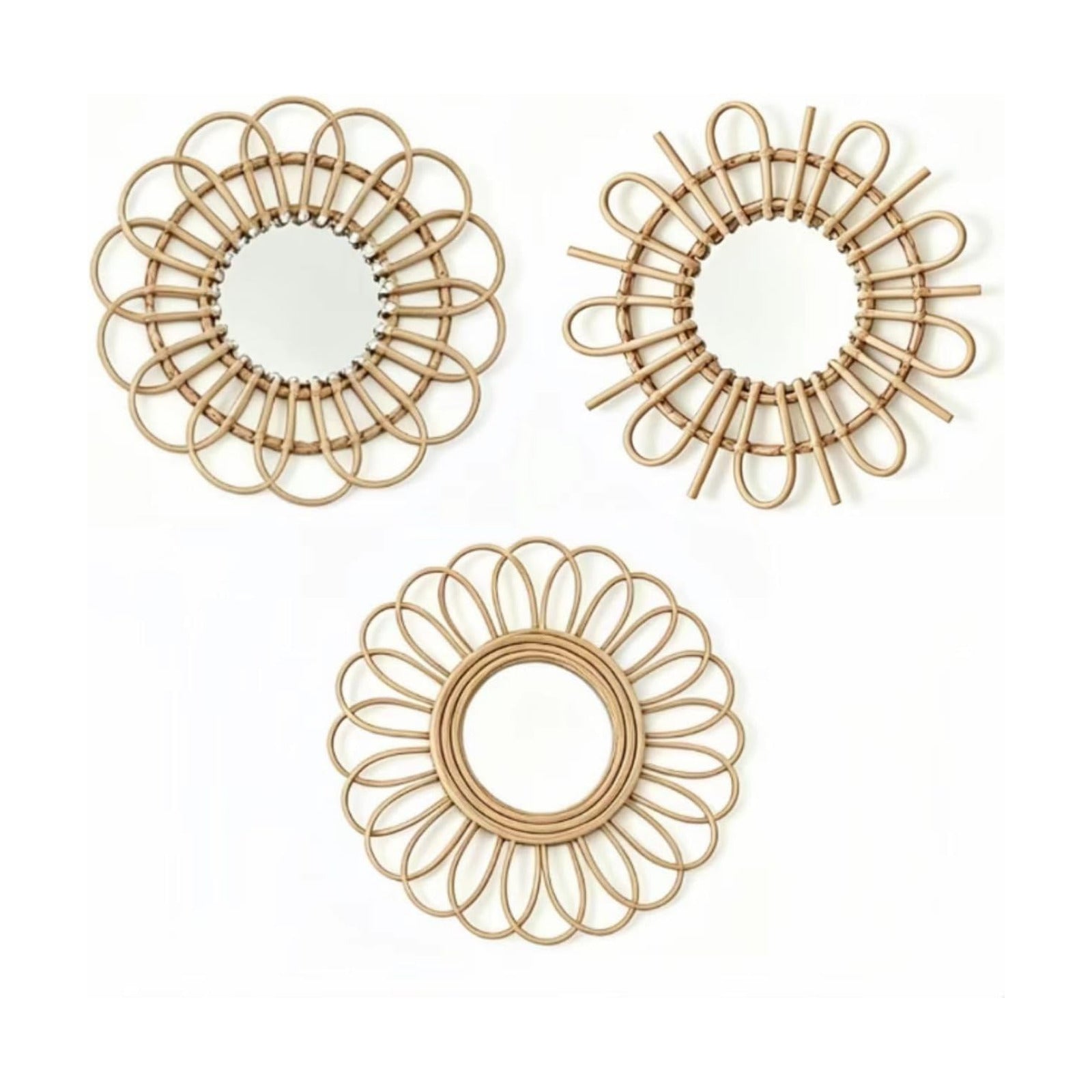 11" Rattan Innovative Art Decoration Round Makeup Mirror Dressing Bedroom / Style-2 / Set of 3