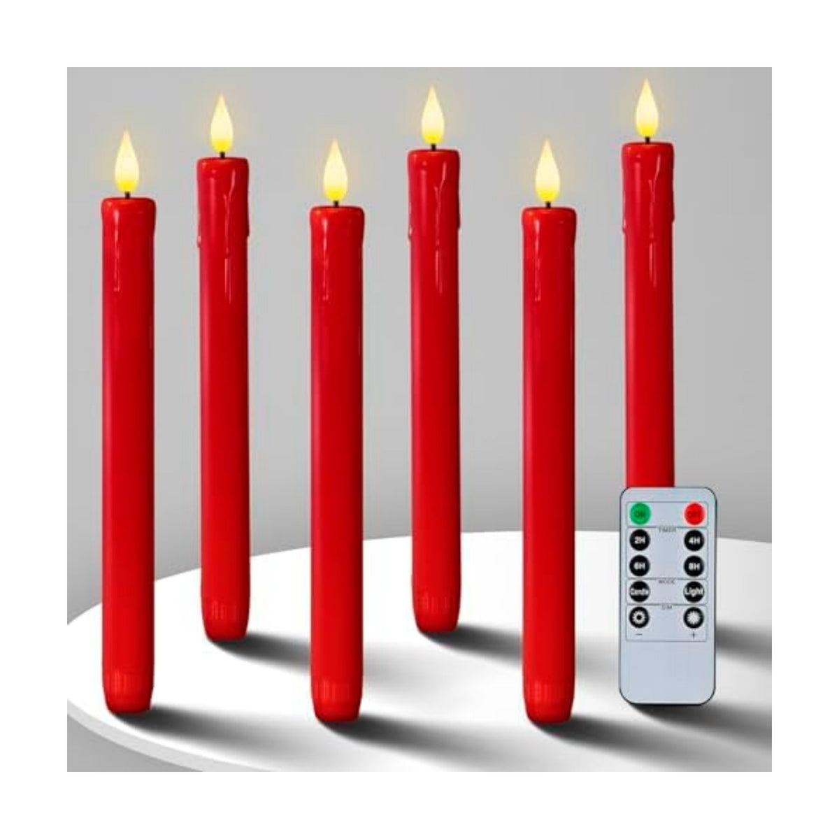 Homemory 6 Pcs Flameless Taper Candles with Remote Timer Dimmer, Red Battery Operated Candlesticks Flickering, Plastic Led Taper Candles Realistic, 9.6 Inches for Party Holiday Celebrations Christmas