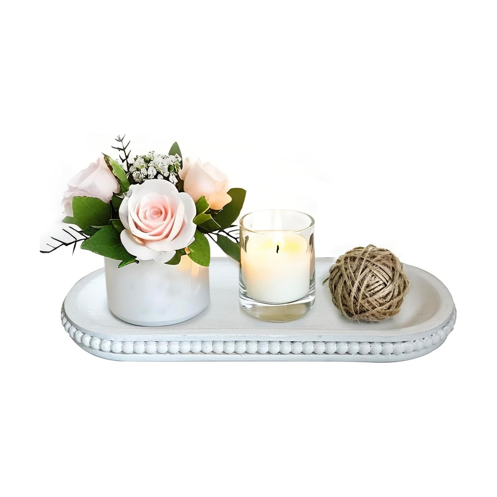 Rustic Beaded Tray / White / 12 Inch