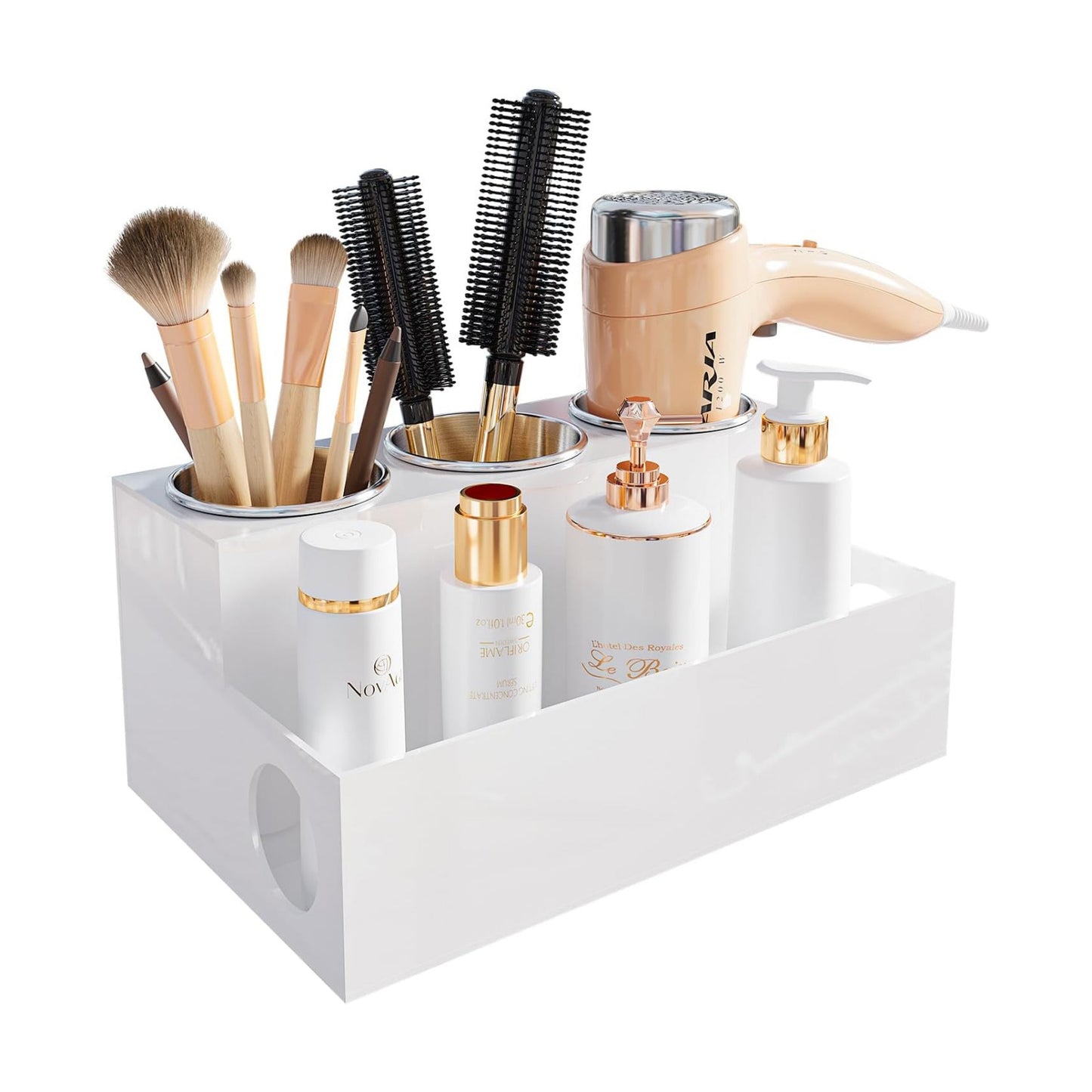 Countertop Hair Tool Organizer White Acrylic Holder for Vanity | Heat Insulated Steel Cups, Cord Hole Design, Stores