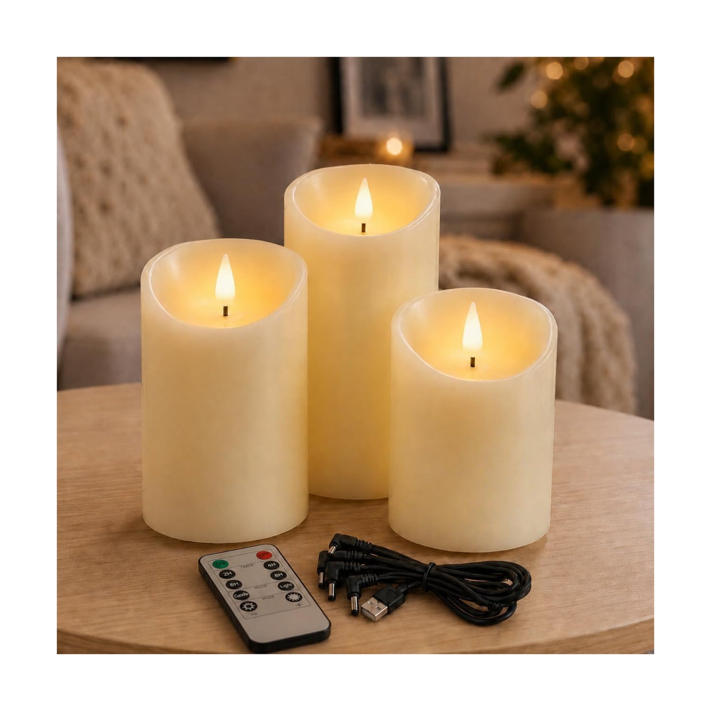 Lezonic Rechargeable Flickering Flameless Candles Battery Operated with Remote and Timer, Pack of 3(D 3'' X H