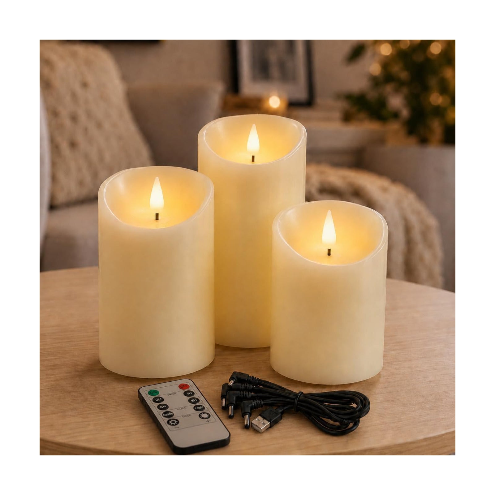 Lezonic Rechargeable Flickering Flameless Candles Battery Operated with Remote and Timer, Pack of 3(D 3'' X H