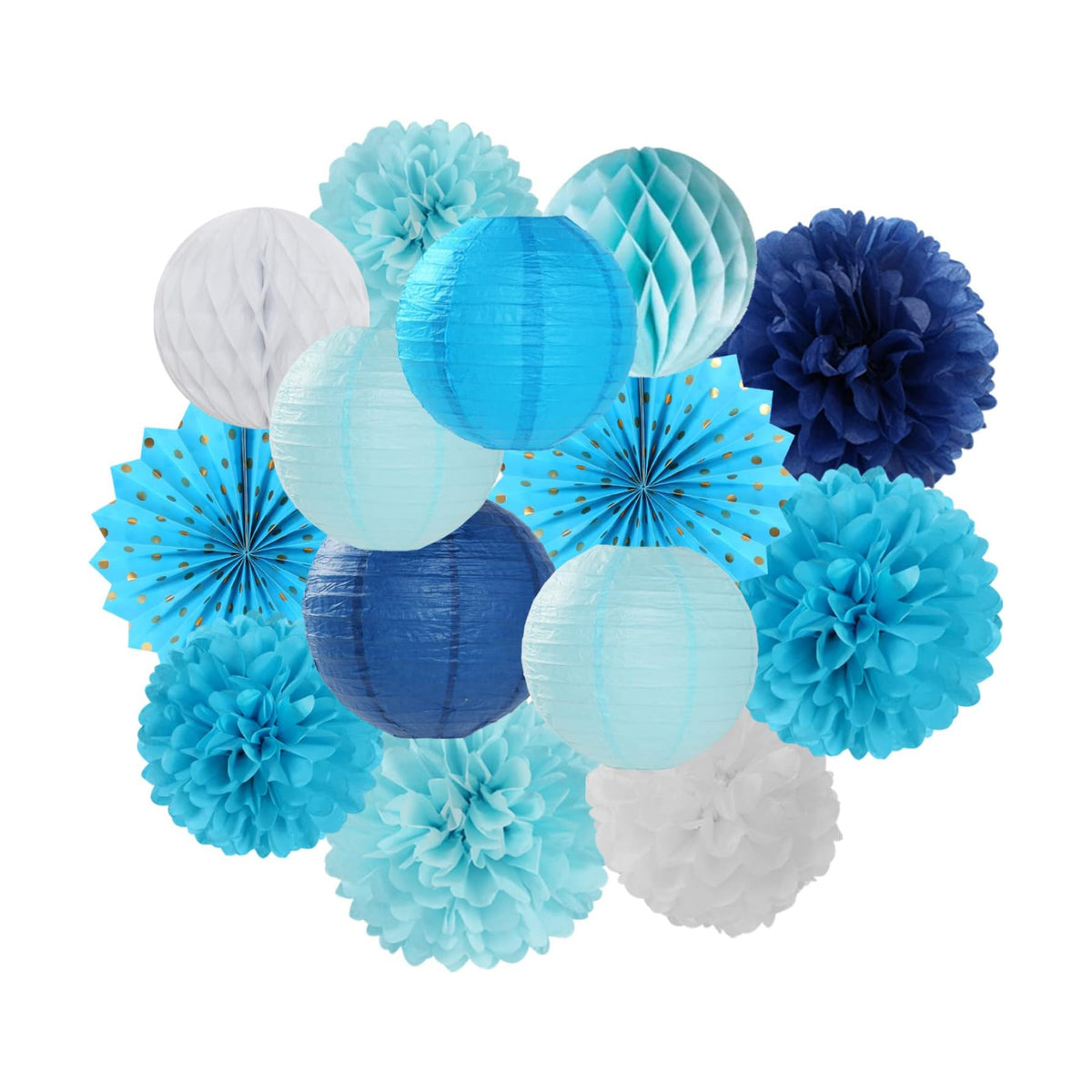 Light-Royal Navy-Blue White Party-Decorations Streamers - 14pc Boy Birthday Baby Shower Paper Lanterns Fan,Tissue Pom Poms,Honeycomb Balls,Bachelorette Bridal Wedding Engagement Decor Lasting Surprise