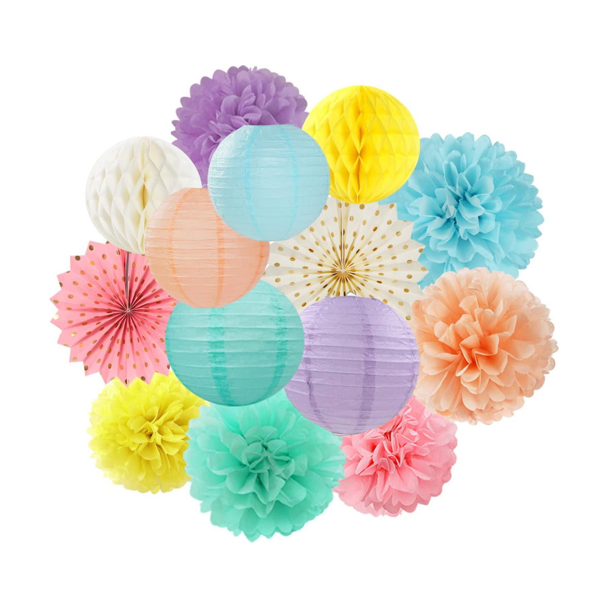 Pastel Rainbow Party Decorations Streamers - 14pcs Boy Girl Kids Birthday Supplies,Pink Yellow Blue Paper Lanterns Fan,Tissue Pom Poms,Honeycomb Balls, Baby Shower Wedding Decor Lasting Surprise