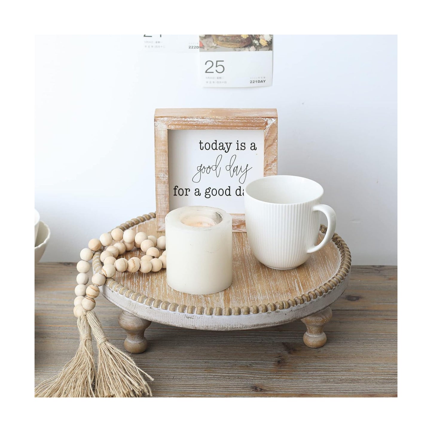 Rustic Round Wood Tray Riser Farmhouse Pedestal Stand / Burlywood
