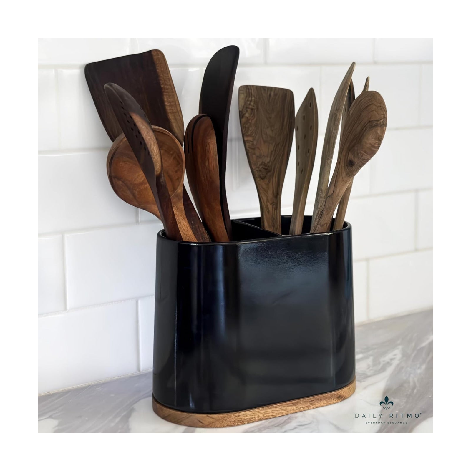 DAILY RITMO® Black Large Oval Utensil Holder with Bamboo Base and Divider