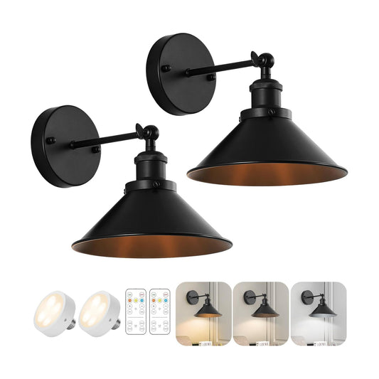 Bailoch Black Vintage Wireless Battery Operated Wall Sconces, Industrial Cordless Battery Powered Led Wall Lights Set
