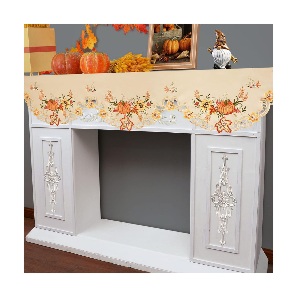 Simhomsen Embroidered Pumpkins Mantel Shelf Top Scarf Runner for Thanksgiving (86 × 17 inches)