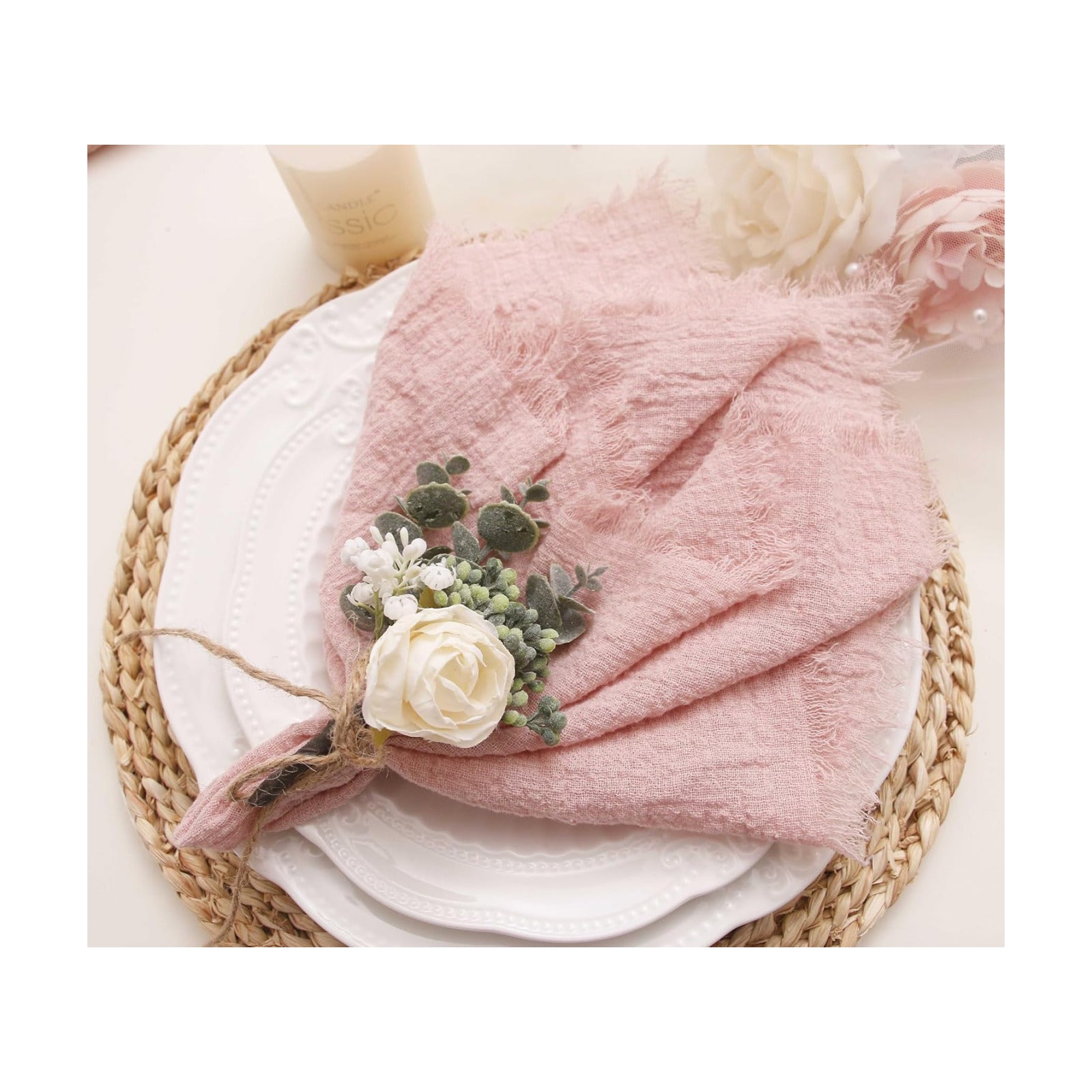 Cloth Napkins with Fringe Set of 12, Soft Cotton, 16 x 16 Inch, Dusty Pink | Boho Rustic Dinner Napkins, Reusable