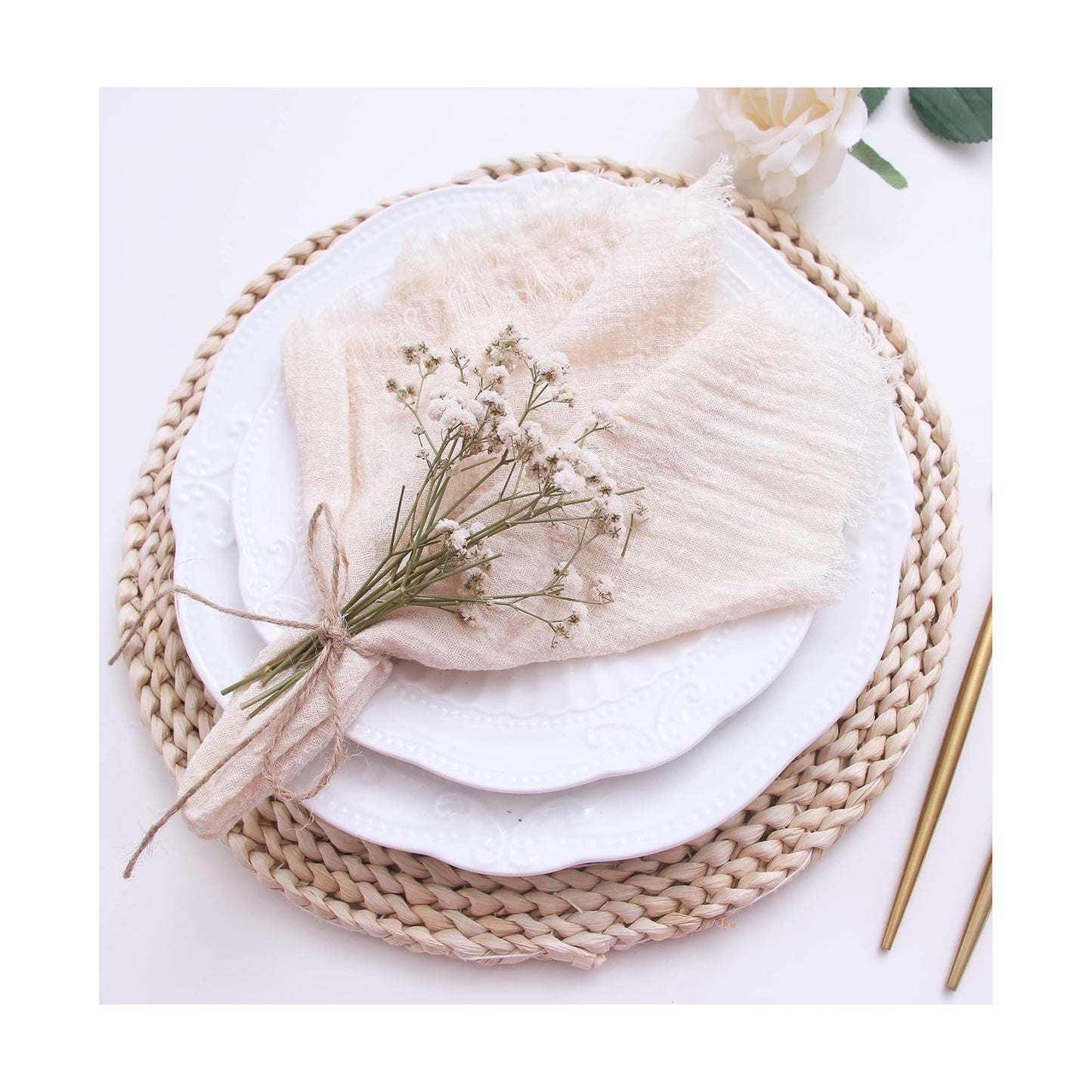 Fall Cloth Napkins with Fringe Set of 12, Soft Cotton, 16 x 16 Inch, Beige | Boho Rustic Dinner Napkins, Reusable