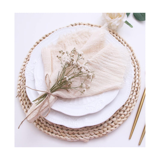 Fall Cloth Napkins with Fringe Set of 12, Soft Cotton, 16 x 16 Inch, Beige | Boho Rustic Dinner Napkins, Reusable