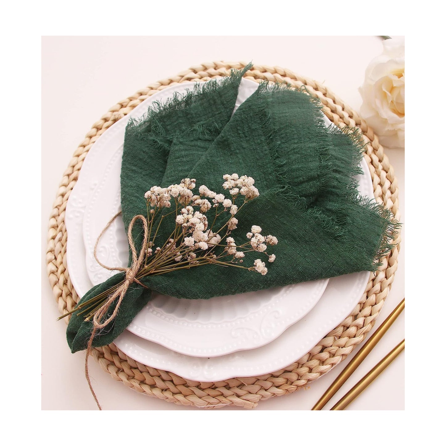 Fall Cloth Napkins with Fringe, Cotton Gauze Napkins Set of 12, Dark Green | Boho Rustic Dinner Napkins, 16 x 16 Inch