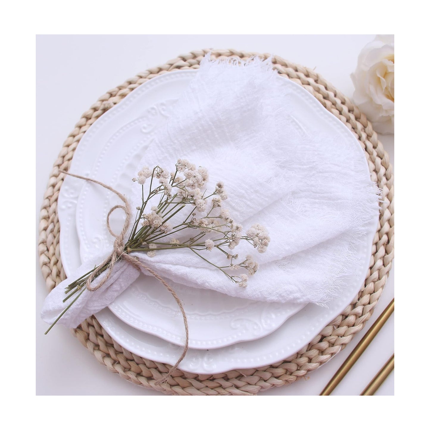 Cloth Napkins with Fringe Set of 12, Soft Cotton, 16 x 16 Inches, White | Boho Rustic Dinner Napkins, Reusable Washable