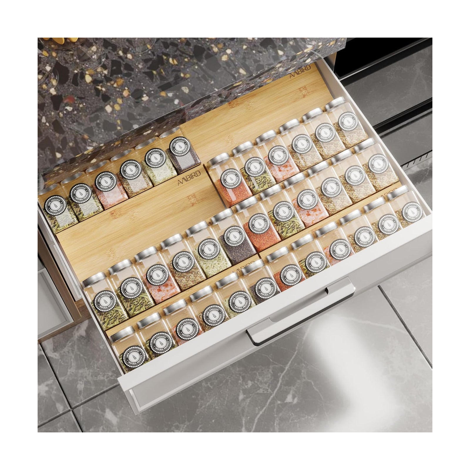 AMBIRD Bamboo Spice Drawer Organizer with Non-slip Mat,4 Tier - 2 Set Jar Spice Rack Tray From 12''to 24'',Hold up 48