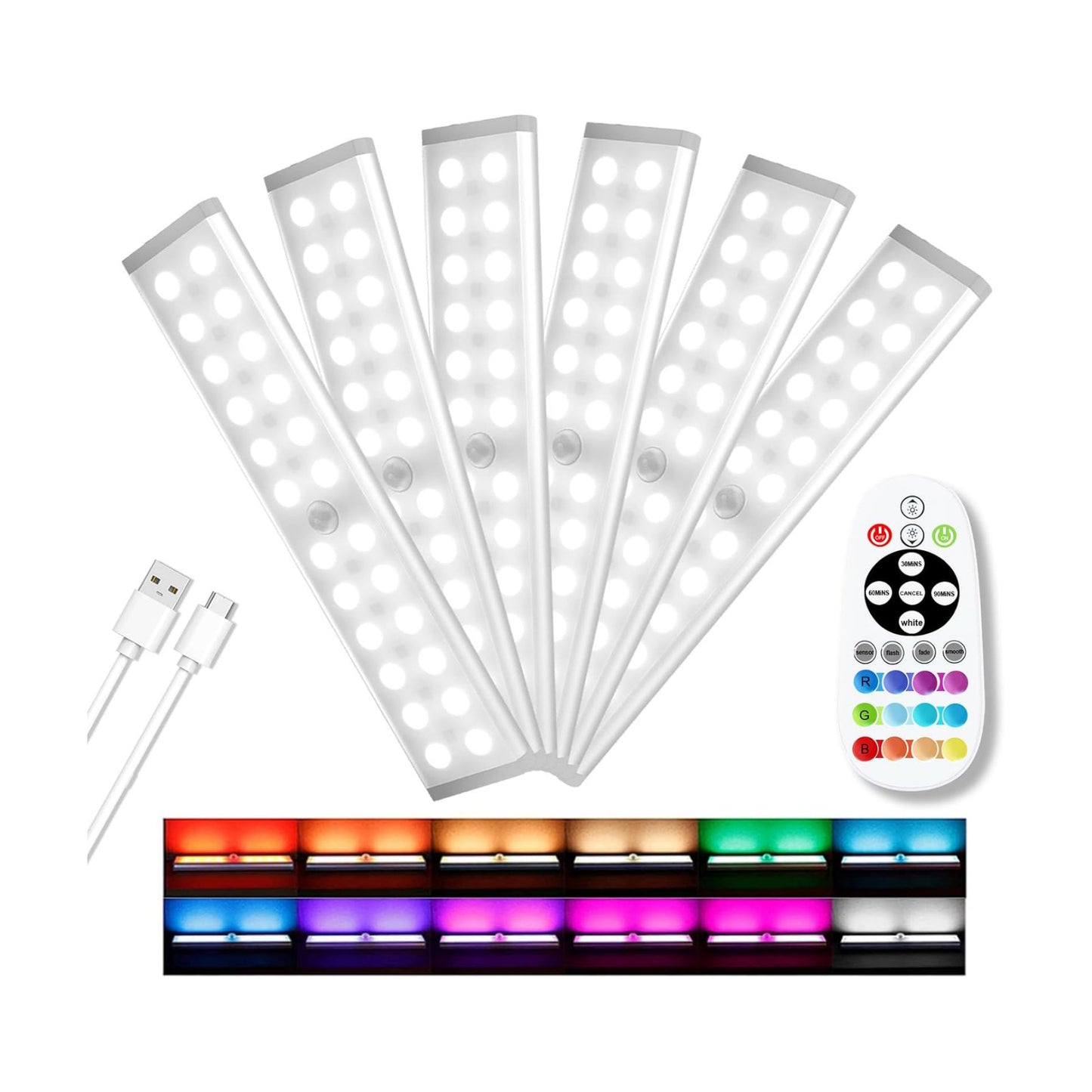 Under Cabinet Lights, Rechargeable Motion Sensor Light, 6 Pcs | 15 Colors, 58-LED Wireless Cabinet Lighting, Dimmable