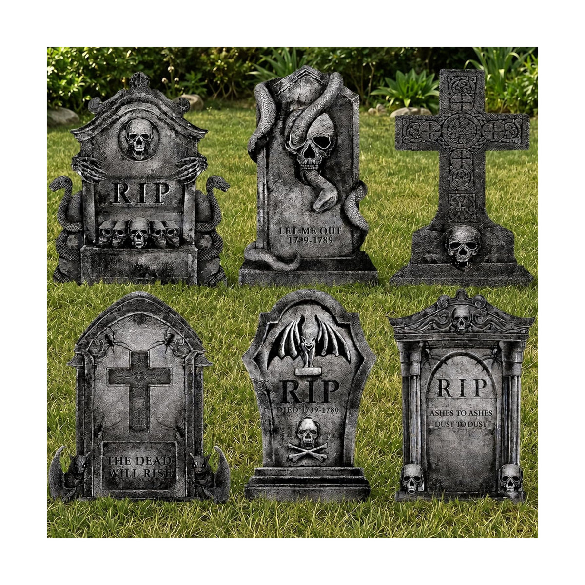 Halloween Decorations Outdoor Graveyard Tombstones: 6ct Large Tombstone Halloween Decor Yard Signs with Stakes, 16" Realistic Scary Skeleton RIP Cemetery Gravestones for Yard Lawn Outside Home Party