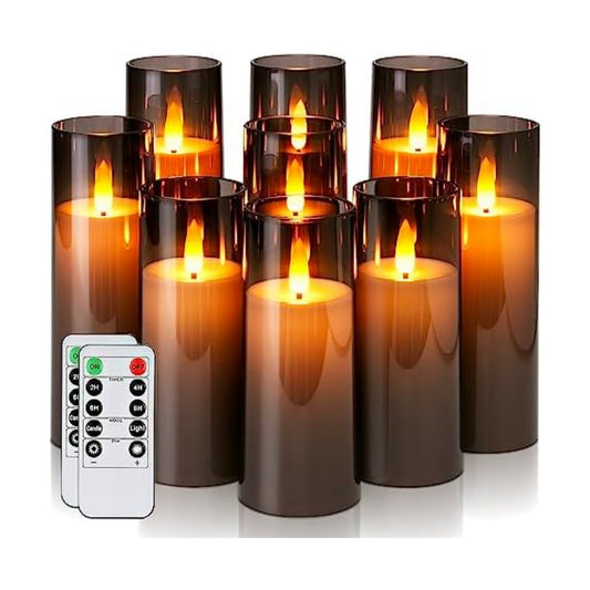 Homemory Decorative Flameless Candles, Battery Operated Candles with Remote & Timer, Flickering Led Pillar Candles, Plexiglass, Grey, Pack of 9, D2.2 xH 5" 6" 7"