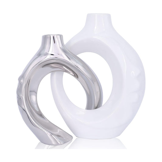 White Ceramic Vase / White Silver / Set of 2