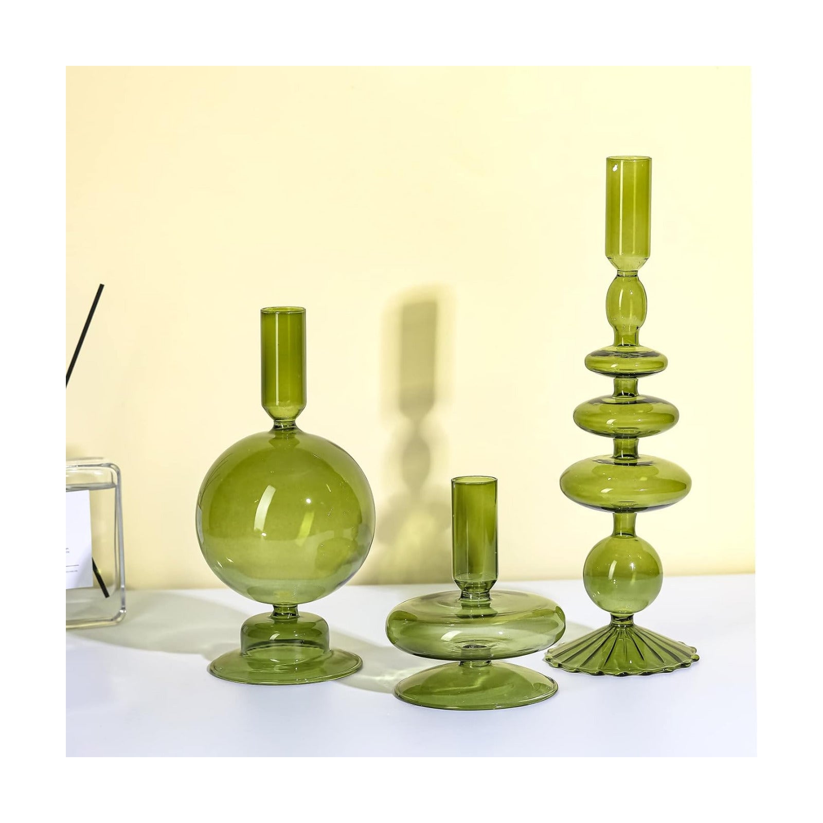 Rtteri 3 Pcs Iridescent Glass Candlestick Holders Taper Candle, Green | Taper Candles Holder, Wavy Glass Holder Stable