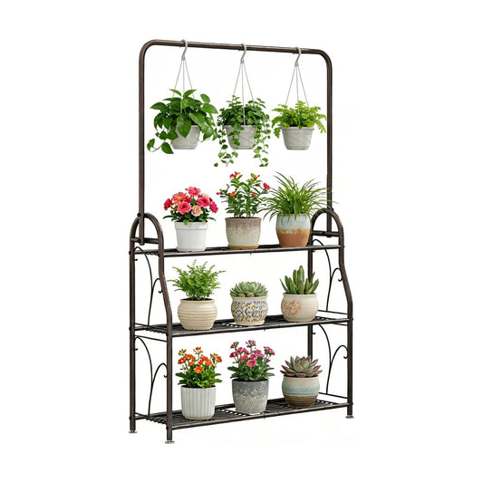 SORCEDAS 3 Tier Metal Plant Stand Indoor Outdoor with Hanging | Corner Ladder Shelf Tall Flower Rack for Multiple