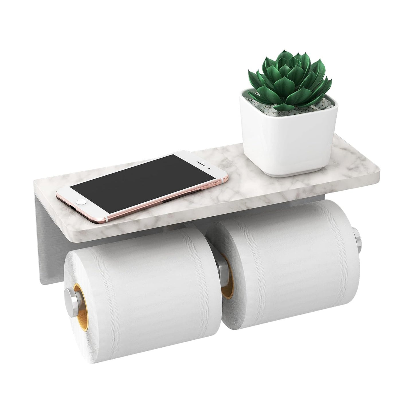 Gypie Toilet Paper Holder with Marble Shelf, Double Brushed Nickel | Stainless Steel Tissue Roll Paper Holder Wall
