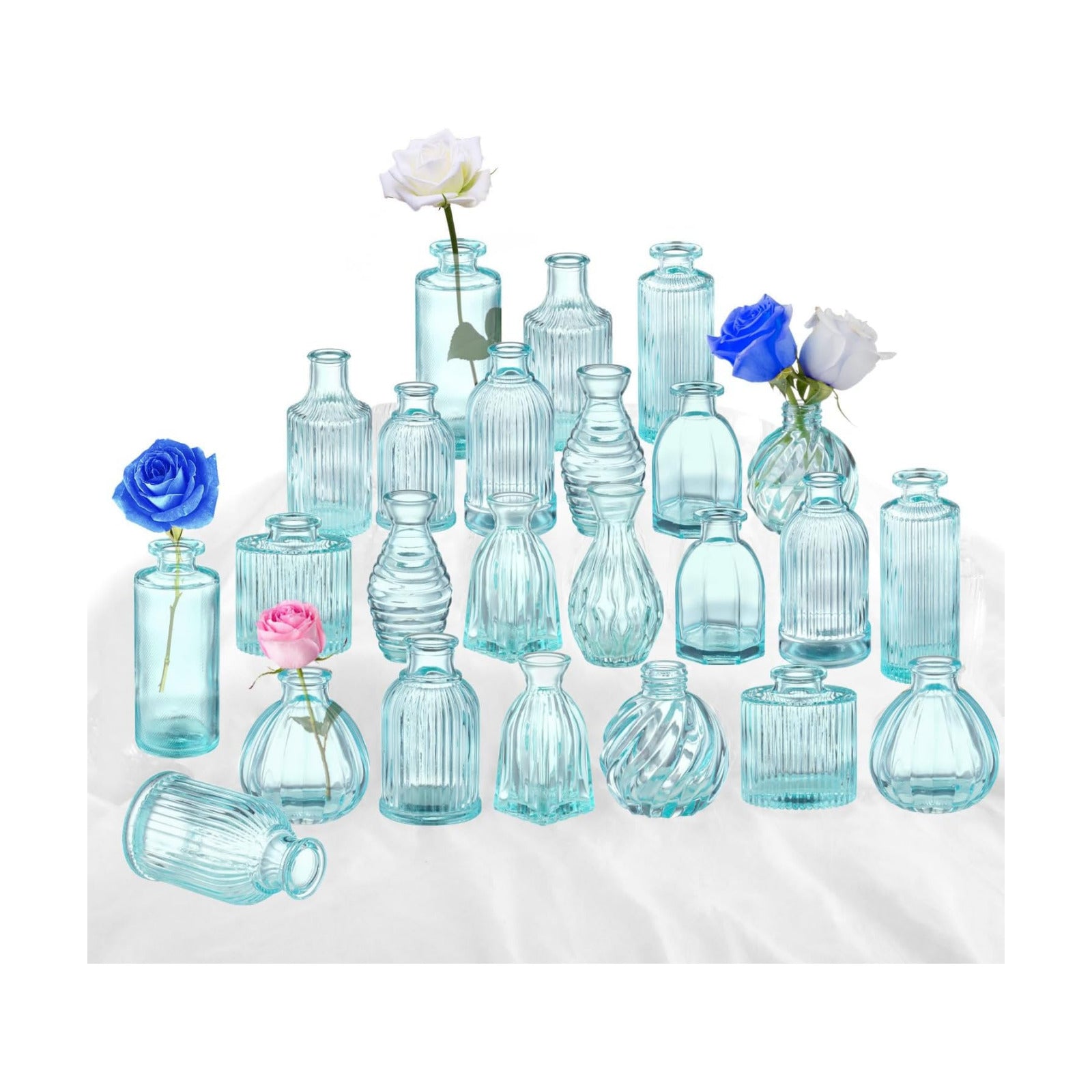 Glass Vase / Modern Ribbed Glass Bud Vase Wedding Flower Vase / Blue / 2 Packs