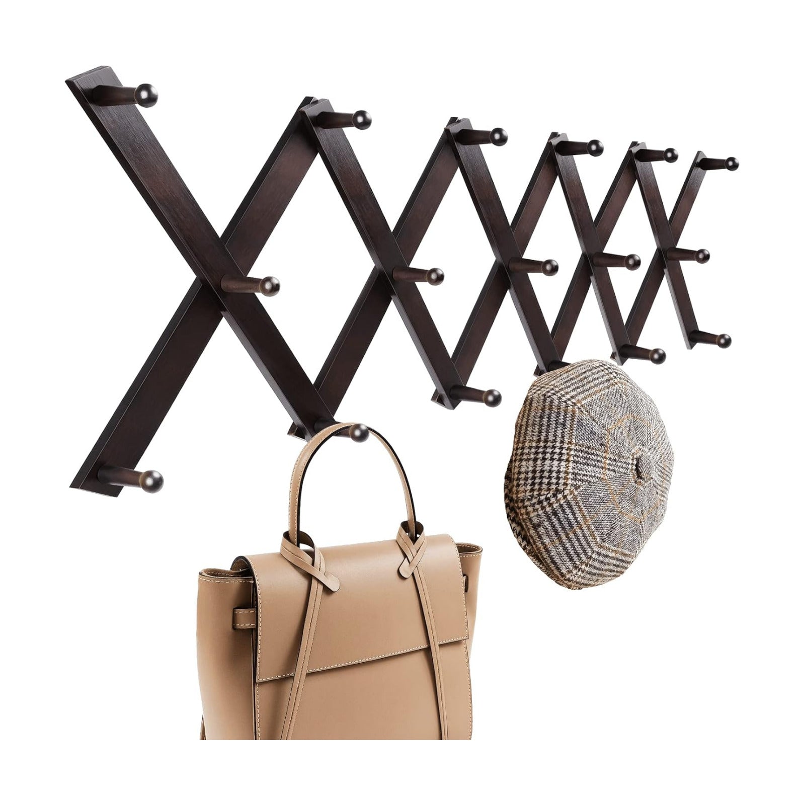 Accordion Wall Hanger, Hat Hangers Wall Mounted, Wood Accordian Coat Rack with 17 Hooks, Expandable Peg Rack Wall