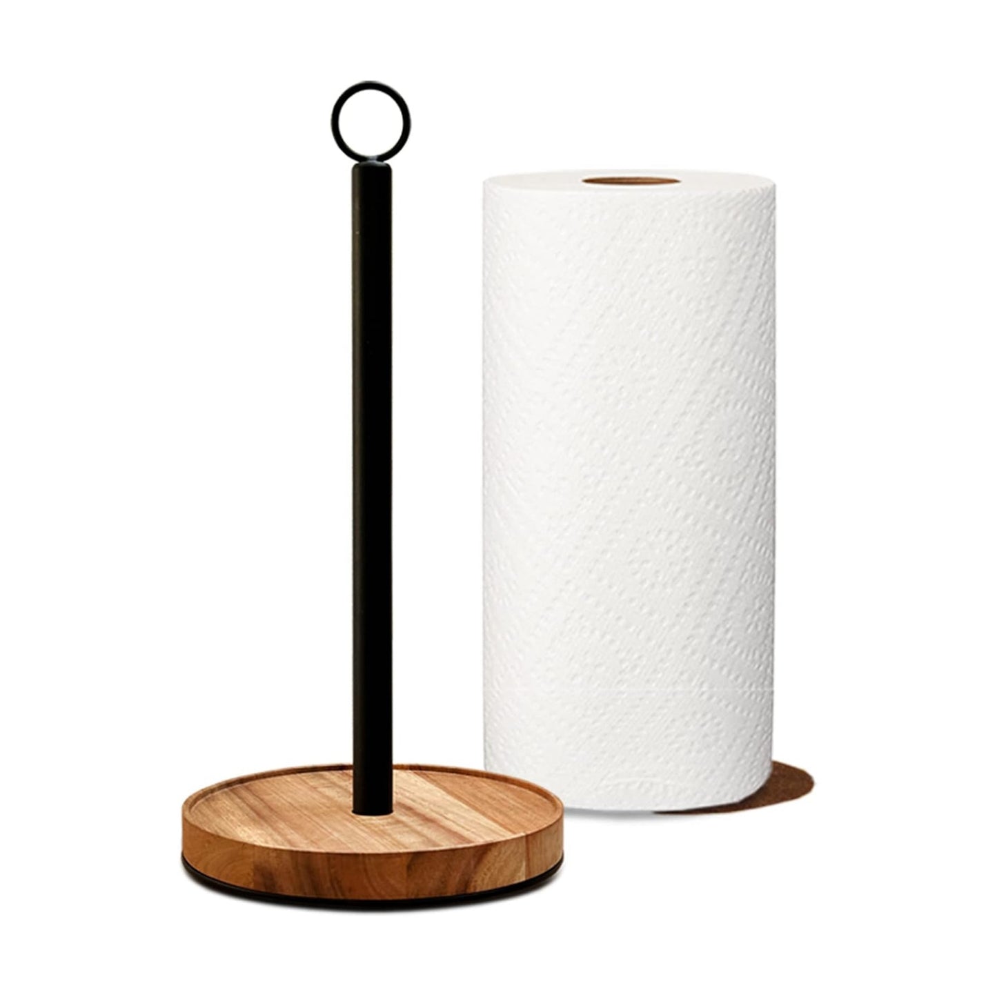 WILDMOS Paper Towel Holder Countertop, Solid Acacia Wood with Thick Metal Base, Black Freestanding Paper Towel Holder
