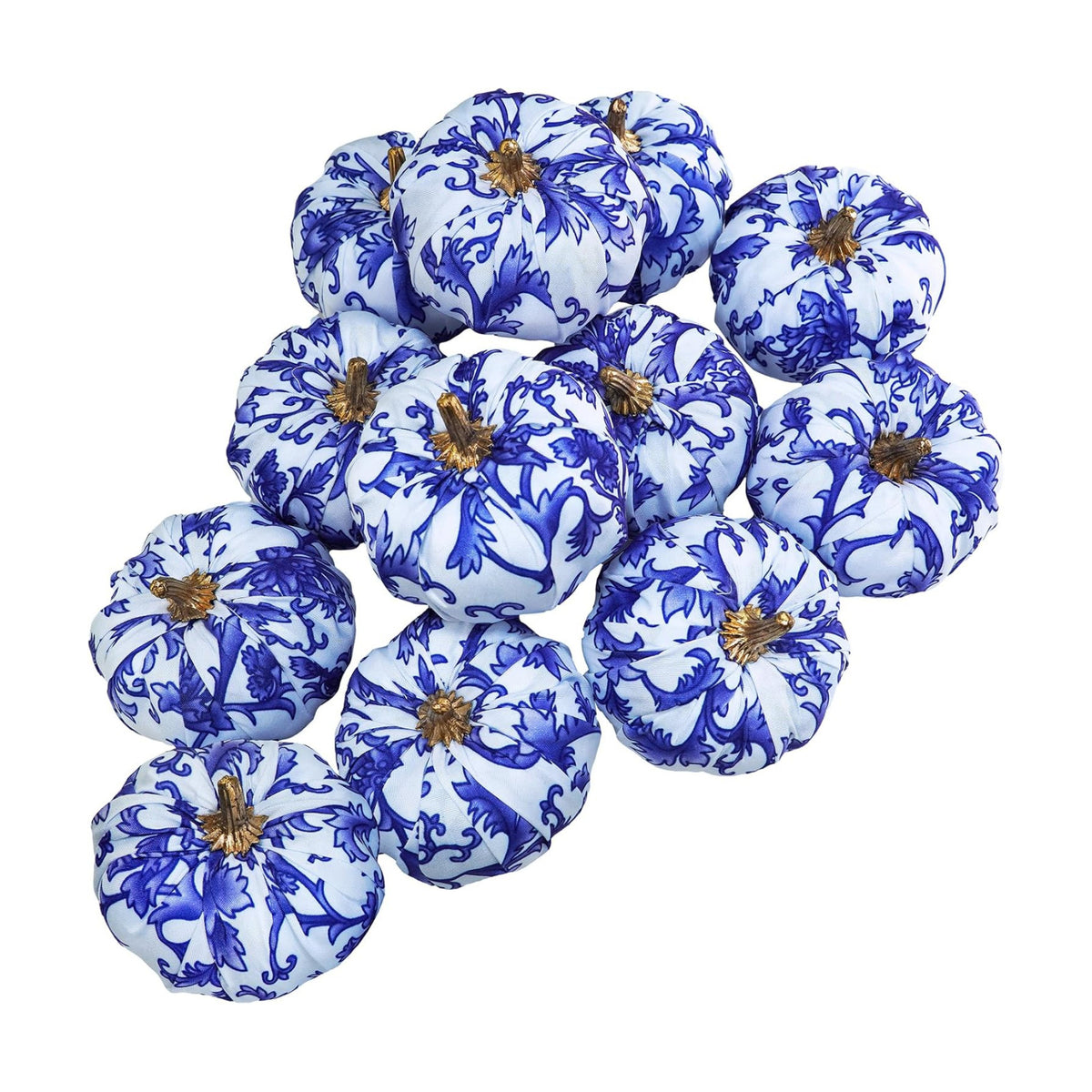 Winlyn 12 Pcs Small Fabric Decorative Blue and White Pumpkins Chinoiserie Chic Foam Pumpkins 3" for Gifts Fall Wedding Halloween Thanksgiving Table Centerpiece Mantel Farmhouse Décor