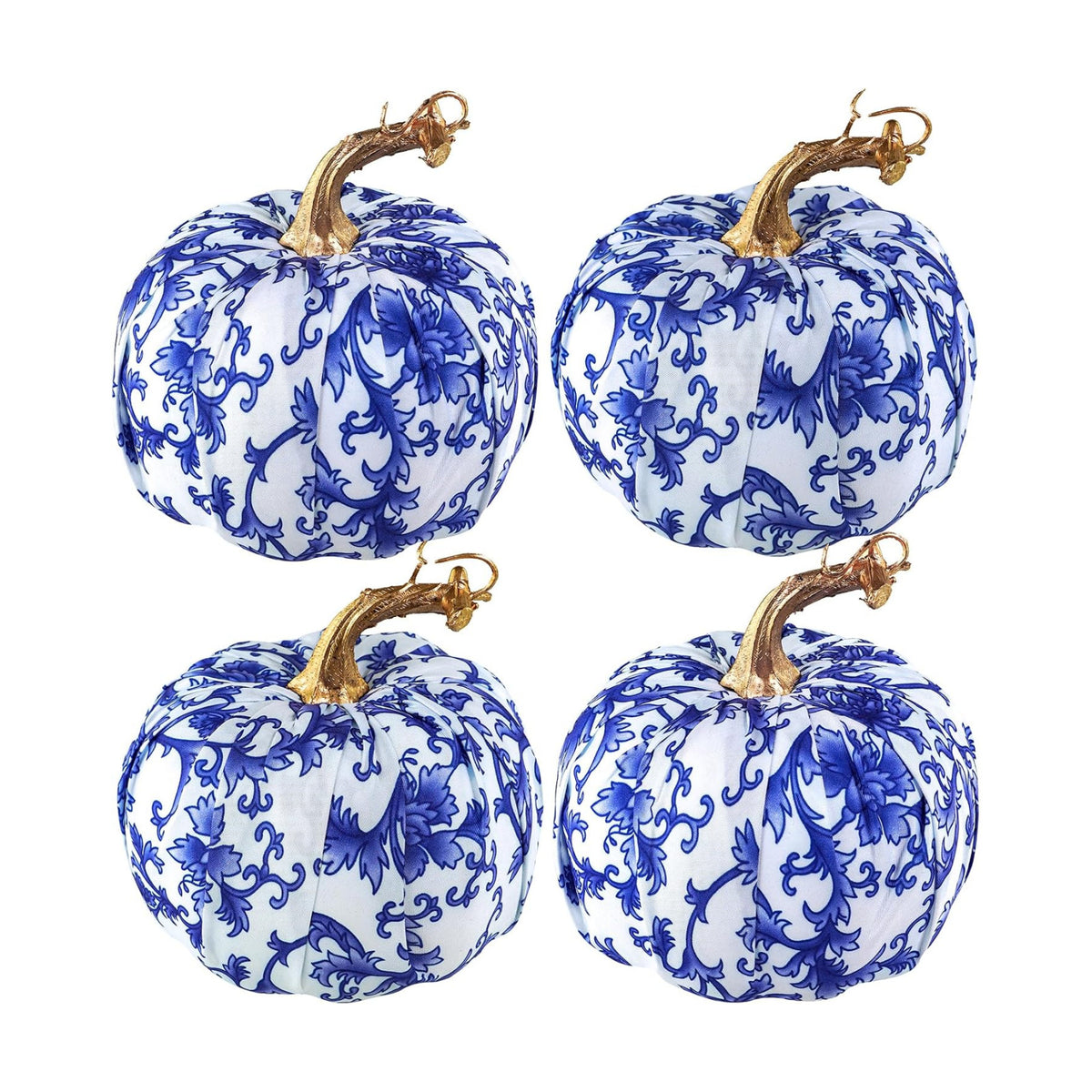 Winlyn 4 Pcs Faux Decorative Blue and White Fabric Pumpkins Chinoiserie Chic Pumpkins Foam Pumpkins for Gifts Farmhouse Thanksgiving Halloween Fall Wedding Table Centerpiece Mantel Bowl Decorations