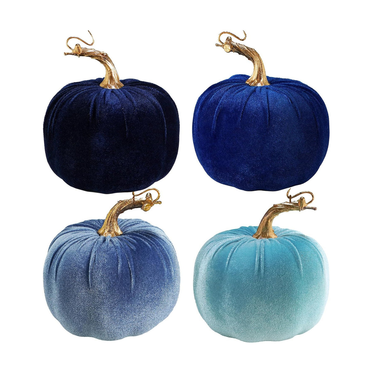 Winlyn 4 Pcs Assorted Blue Faux Velvet Pumpkins Decorative Harvest Pumpkins Fabric Foam Pumpkins for Farmhouse Fall Wedding Halloween Thanksgiving Table Centerpiece Mantel Bowl Decorations
