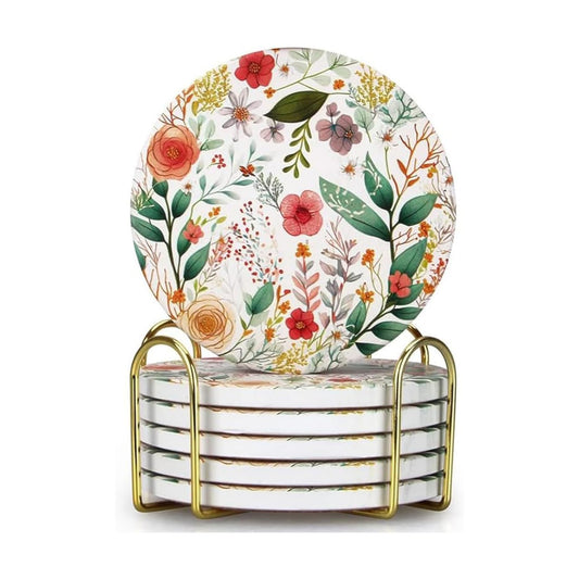 Holder Funny Ceramic Absorbent Coaster Decorative Coffee Table Decor / Flower 1 / Set of 6