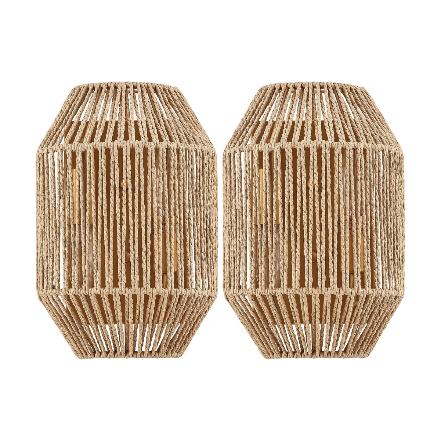 Boho Woven Wicker Shade Antique Brass Brush Paint Finish / Hardwired Type 1 / Natural / Set of 2