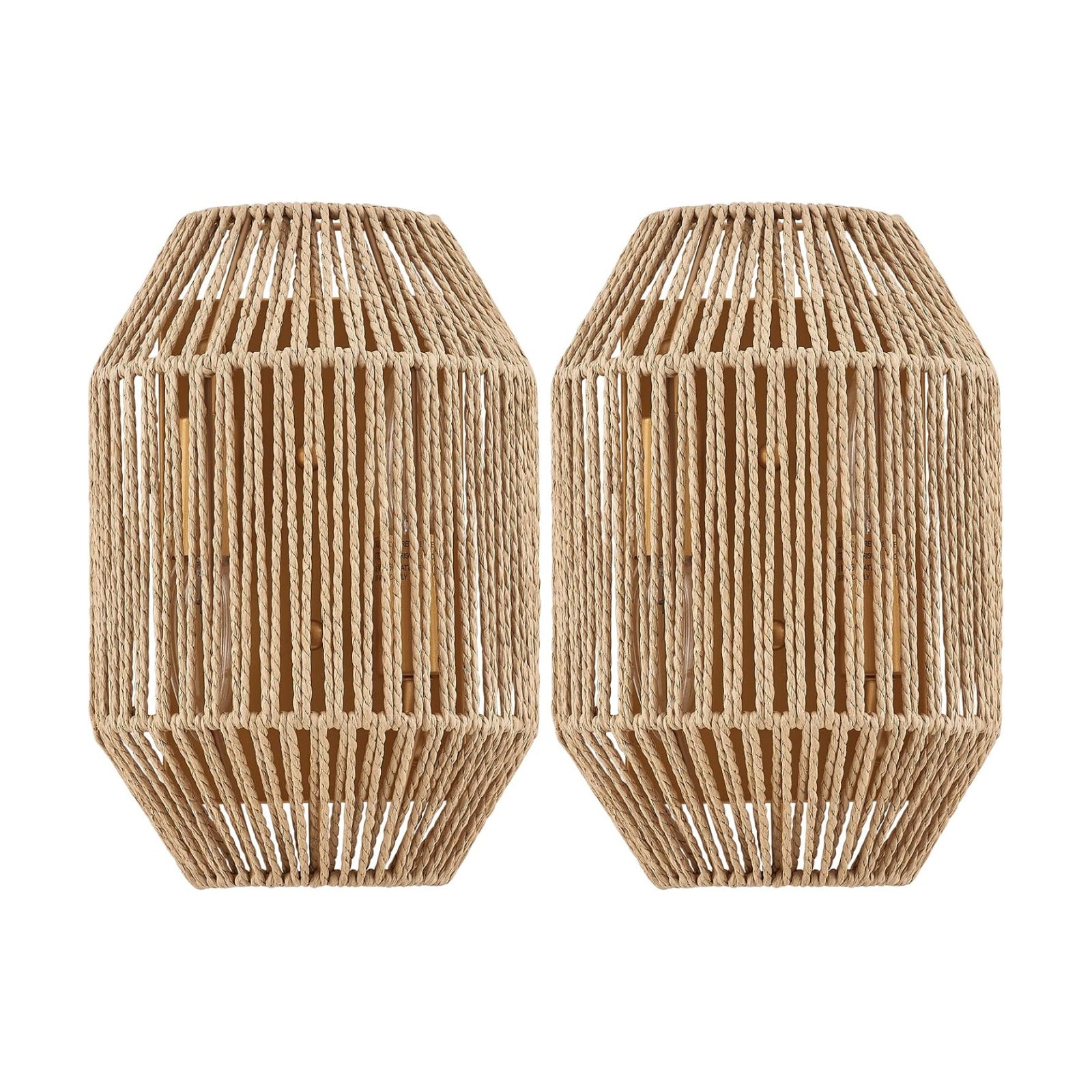 Boho Woven Wicker Shade Antique Brass Brush Paint Finish / Hardwired Type 1 / Natural / Set of 2