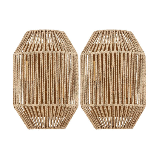 Boho Woven Wicker Shade Antique Brass Brush Paint Finish / Hardwired Type 1 / Natural / Set of 2