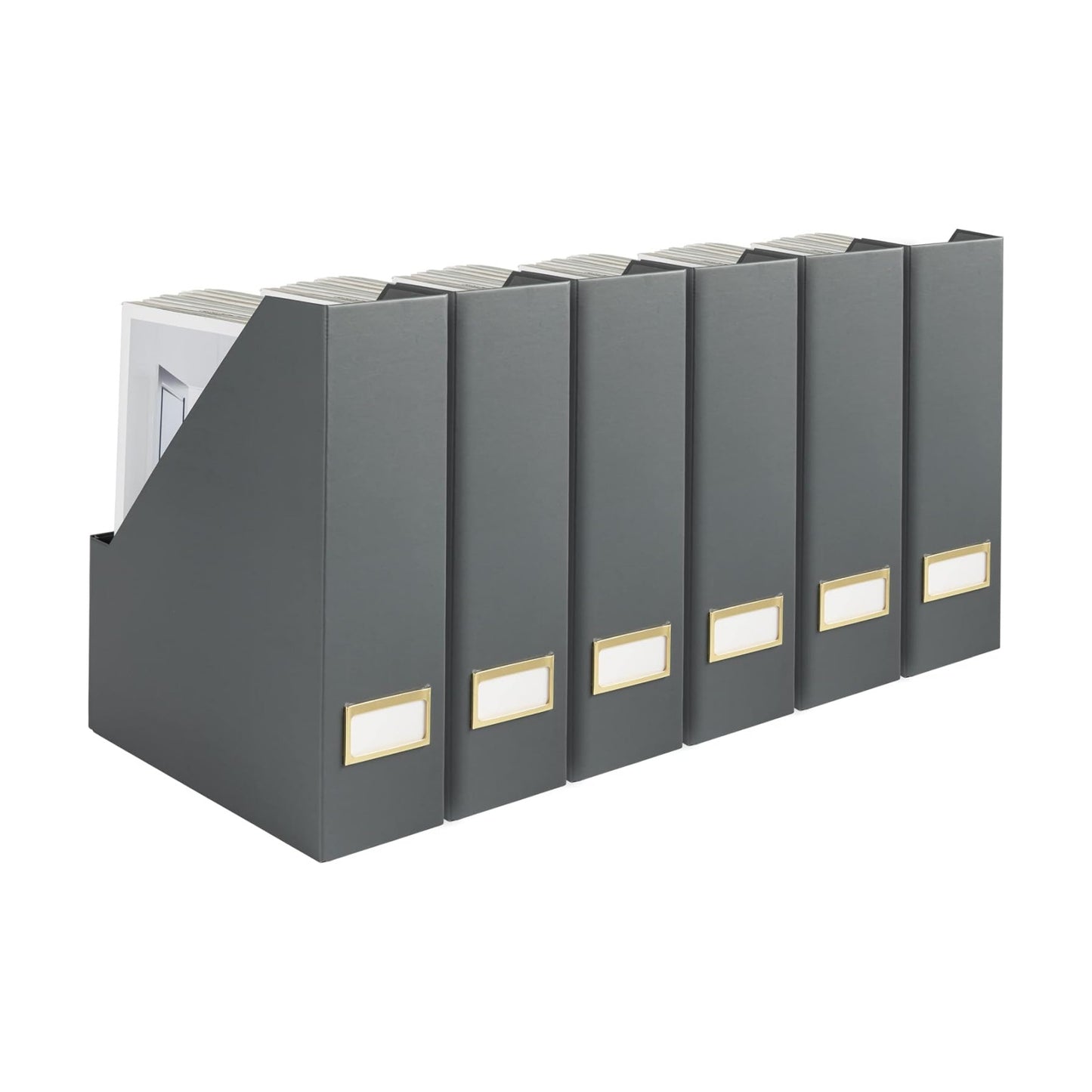 BLU MONACO | Set of 6 Foldable Grey Magazine File Holders with Gold Label Holders | Vertical File Organizer Boxes for