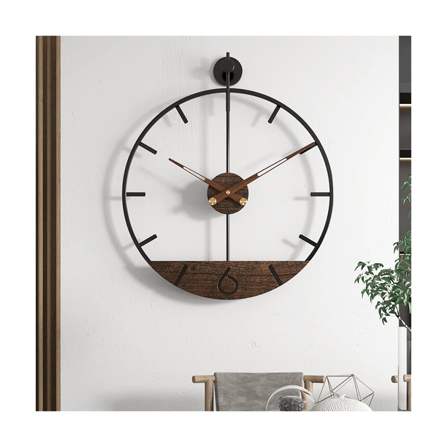 Modern Wood Walnut Dial Wall Clock, Large Simple Wall Decor Metal Frame Silent Non Ticking Clock for Living Room Decor