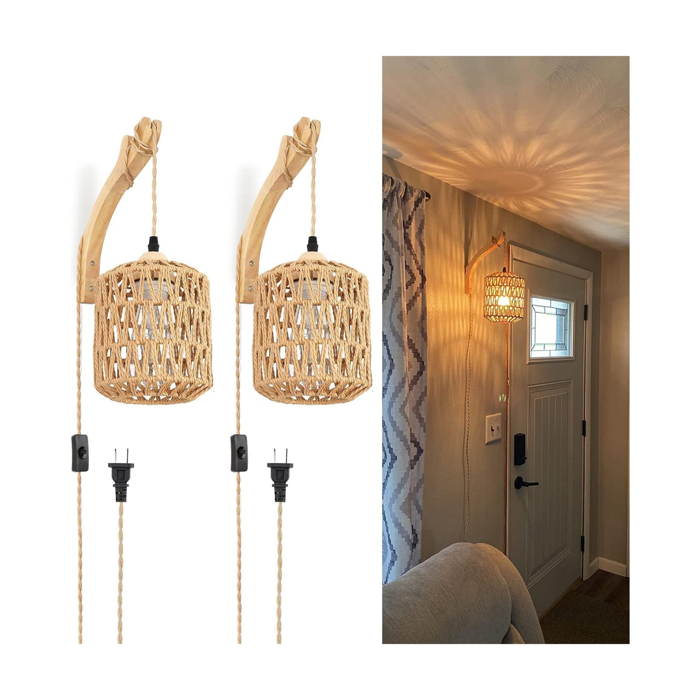 Frideko Plug in Wall Sconces Set of Two Hand Woven Lamp / Brown